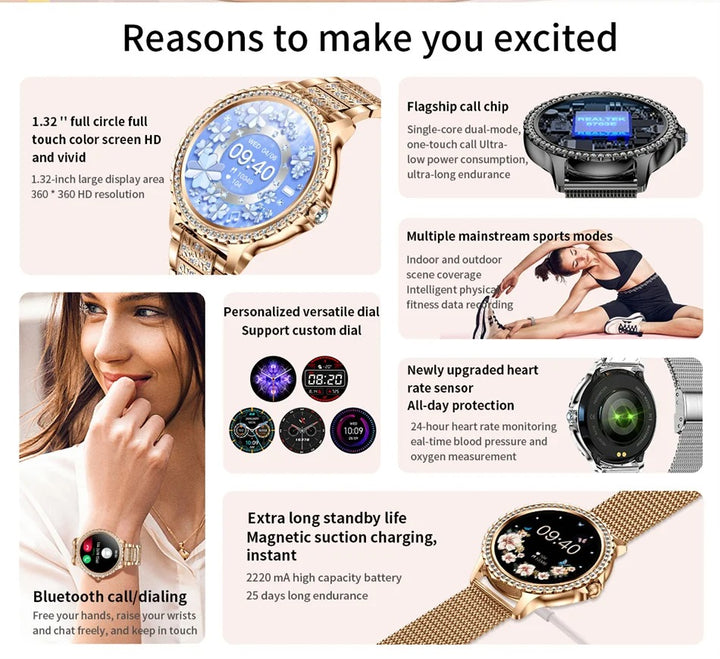 Premium Fashion Smartwatch for Women, 1.04" AMOLED Screen, Bluetooth Call, Metal Body, IP68 Waterproof, Heart Rate, Music Control, Sleep & Fitness Tracking, Multiple Sports Modes