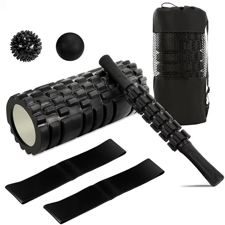 Premium 6-in-1 Yoga Training Kit for Fitness, Pilates & Muscle Recovery, Includes Foam Roller, Massage Stick, Tension Band & 2 Massage Balls for Flexibility & Pain Relief