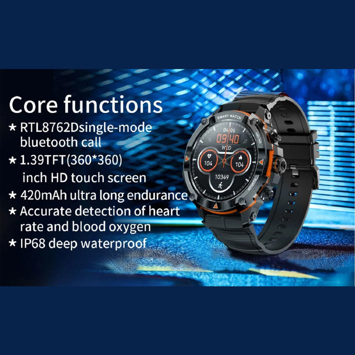 Premium Military-Grade Smartwatch for Men – 1.43'' AMOLED Display, Bluetooth Calling, Waterproof, Fitness Tracker, 420mAh Battery, Health Monitoring, Multiple Sport Modes, Heart Rate & SpO2 Monitoring