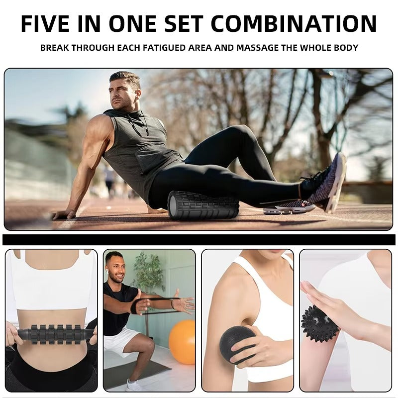 Premium 6-in-1 Yoga Training Kit for Fitness, Pilates & Muscle Recovery, Includes Foam Roller, Massage Stick, Tension Band & 2 Massage Balls for Flexibility & Pain Relief