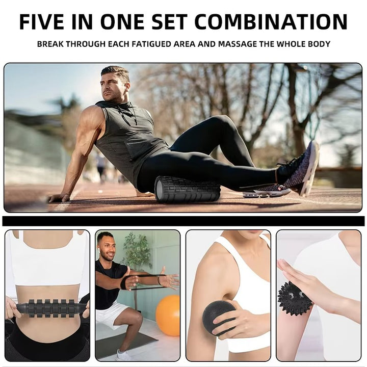 Premium 6-in-1 Yoga Training Kit for Fitness, Pilates & Muscle Recovery, Includes Foam Roller, Massage Stick, Tension Band & 2 Massage Balls for Flexibility & Pain Relief